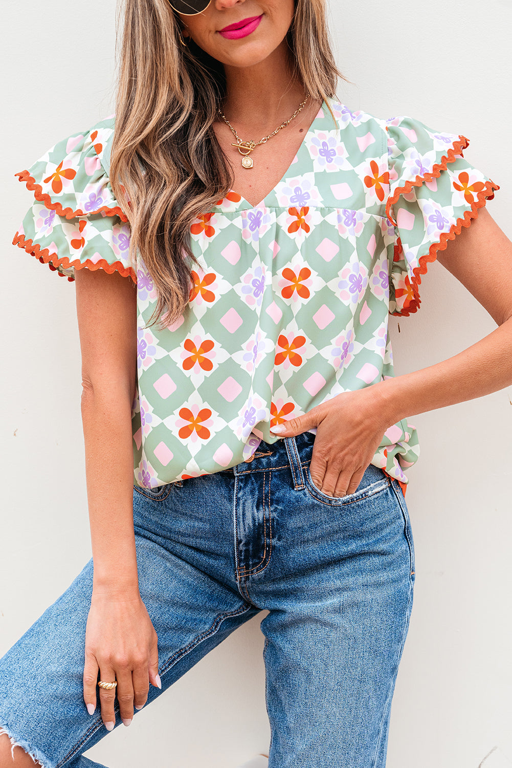 Belen Floral Layered Flutter Sleeve Rac Trim Blouse