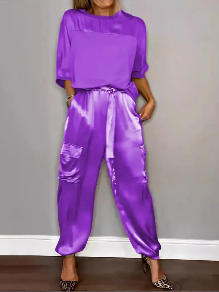Satin Half Sleeves T-Shirt + Cargo Cuffed Pant - Two-Piece Set