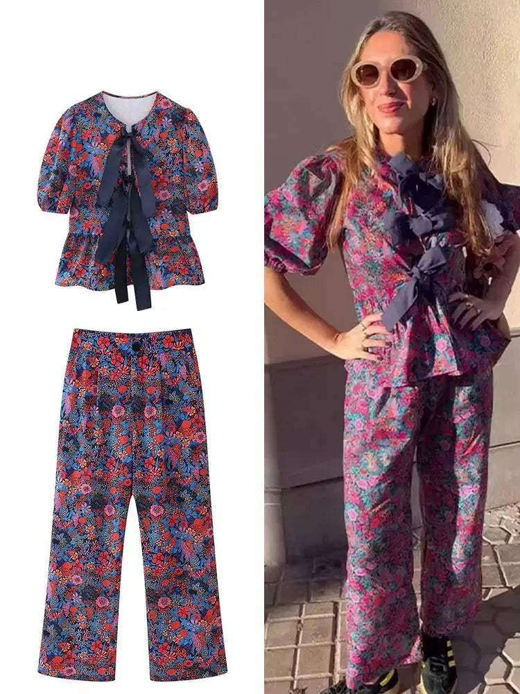 Floral Print Bow-Tie Blouse + Trouser Pant - Two-Piece Set