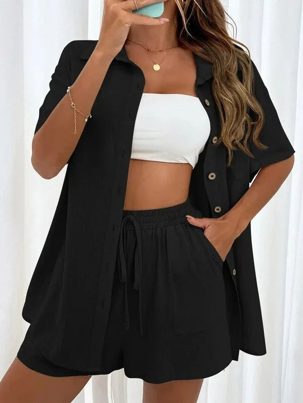Solid Color Button Shirt w/ Pocket + Tie Shorts - Two-Piece Set