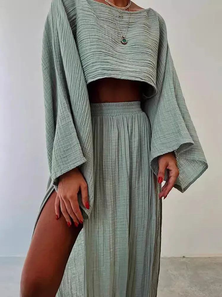 Casual Linen O Neck Cropped Top + Long Side Slit Skirt - Two-Piece Set