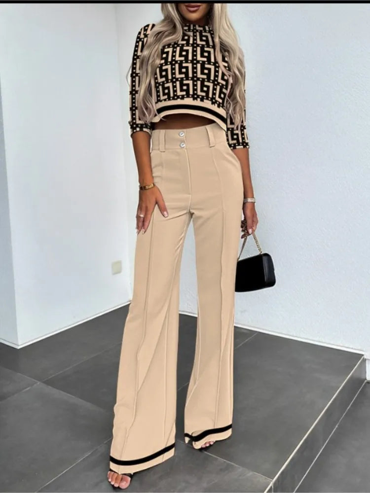 Women's High Neck Long Sleeve + Pocket Micro Horn Printed Pants - Two Piece Set