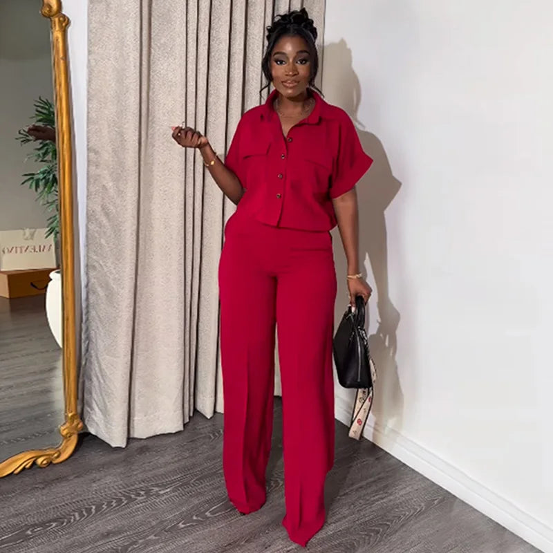 Casual Solid Short Sleeve Loose Shirt & Wide Leg Pants - Two-Piece Set