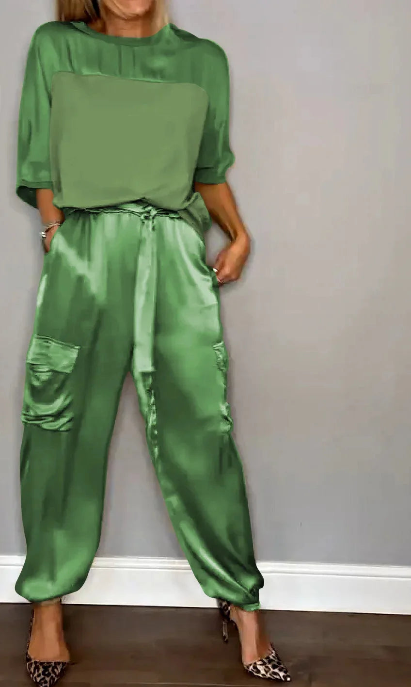 Satin Half Sleeves T-Shirt + Cargo Cuffed Pant - Two-Piece Set
