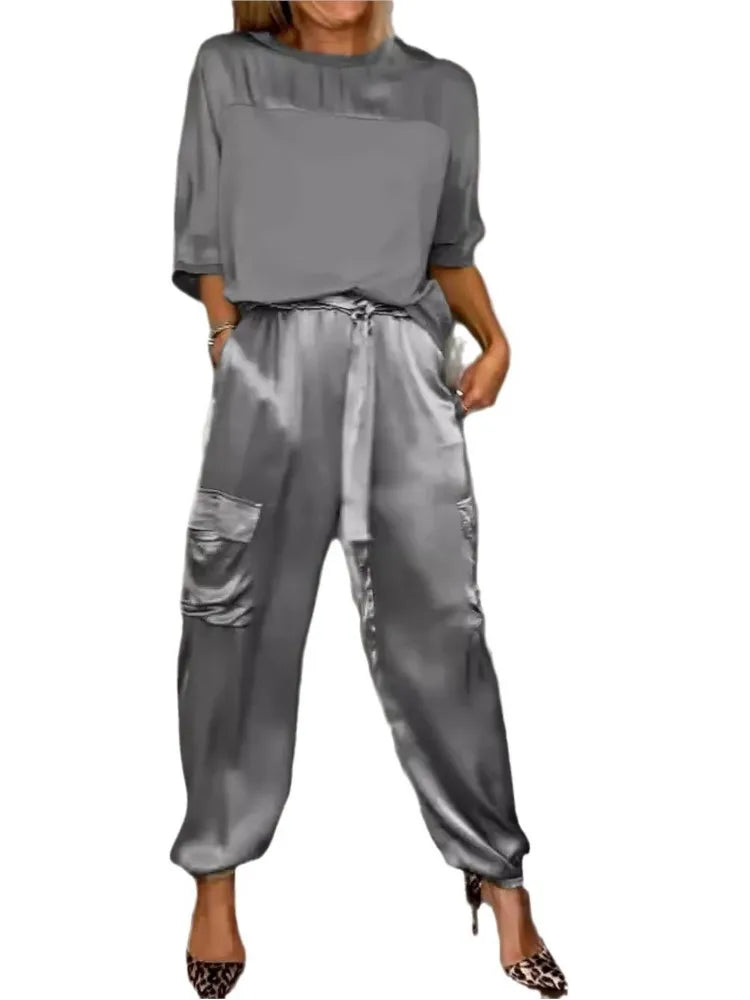 Satin Half Sleeves T-Shirt + Cargo Cuffed Pant - Two-Piece Set