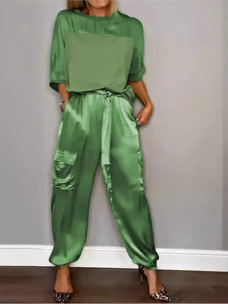 Satin Half Sleeves T-Shirt + Cargo Cuffed Pant - Two-Piece Set