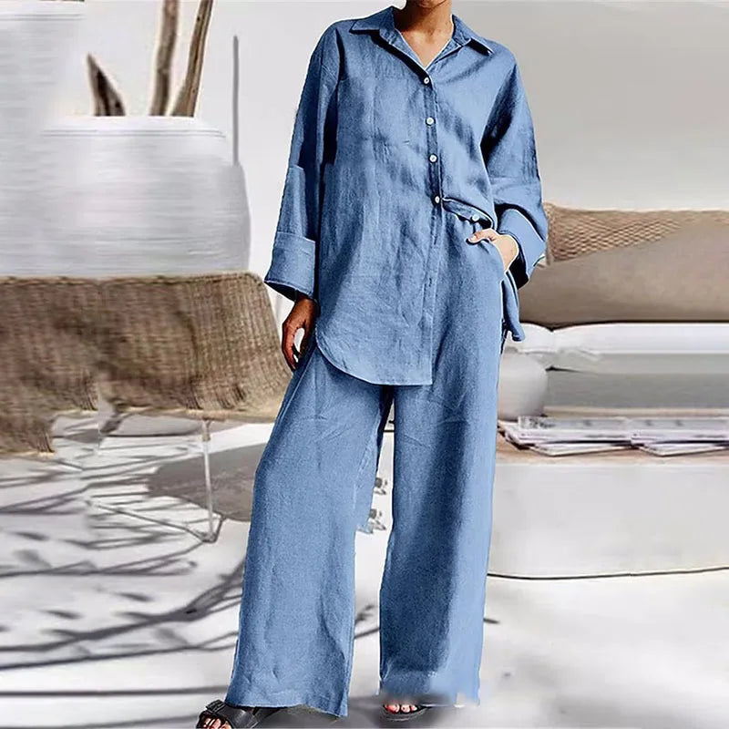 Casual Cotton Lapel Top Blouse + Wide-Leg Trouser Pant- Two-Piece Set