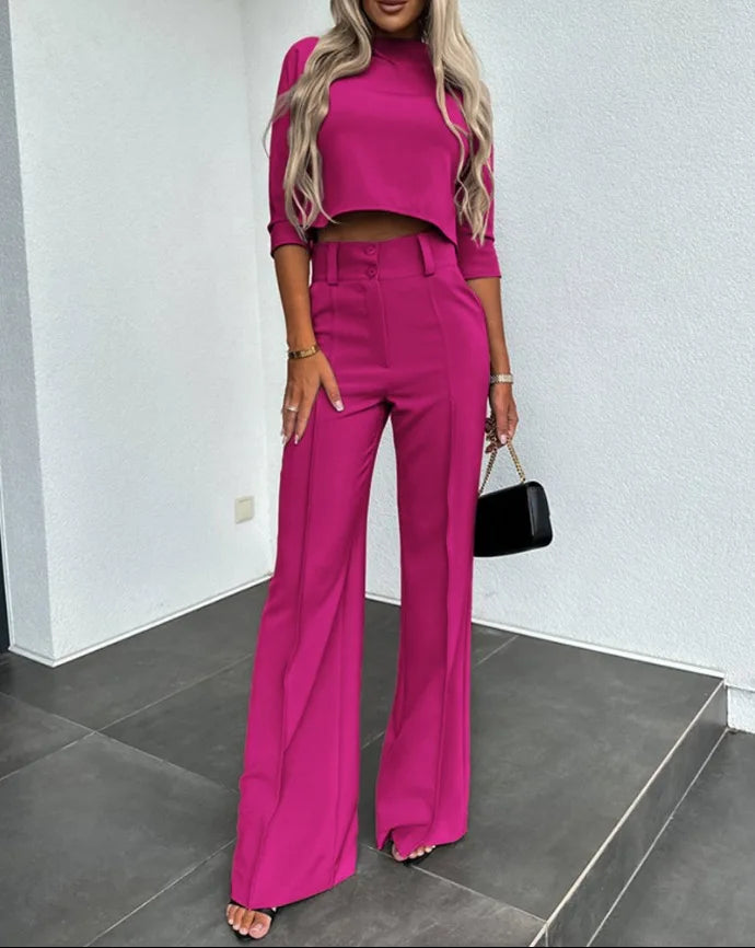 Women's High Neck Long Sleeve + Pocket Micro Horn Printed Pants - Two Piece Set