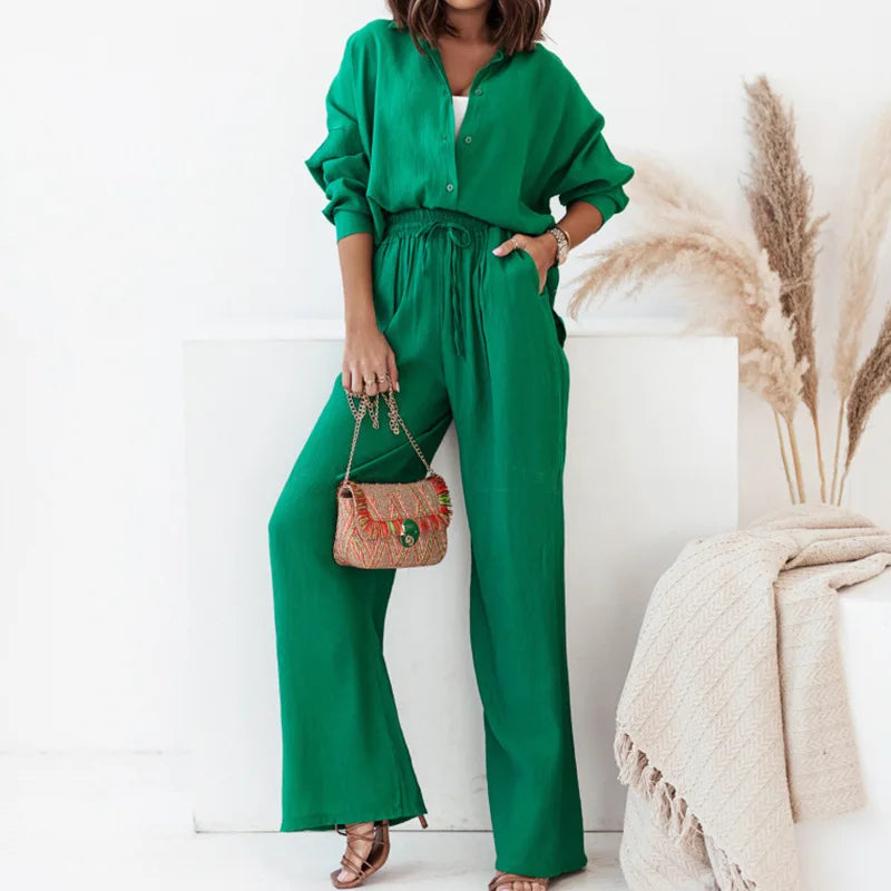 Solid Color Lapel Top + High Waist Trousers -Two-Piece Set