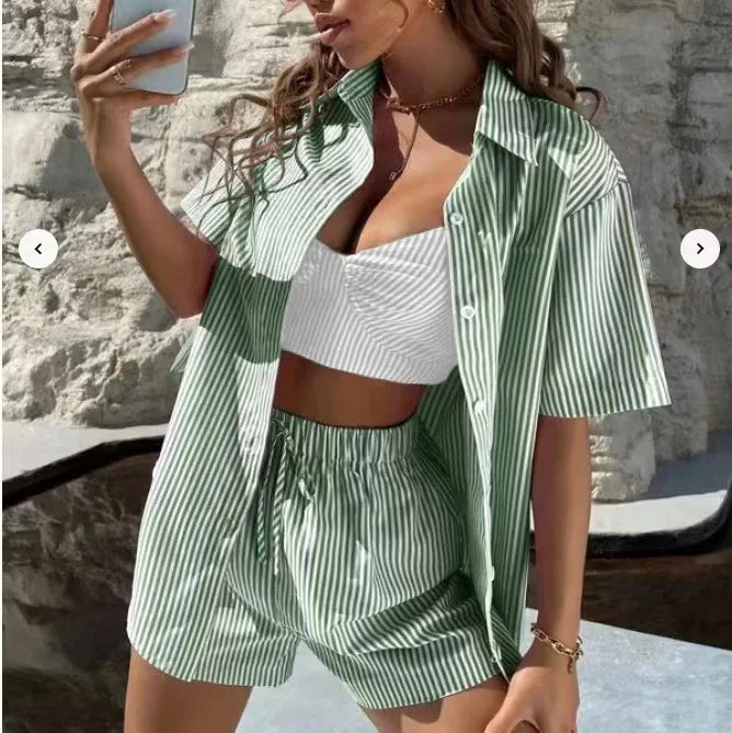 Striped Button Down + Short - Two-Piece Set