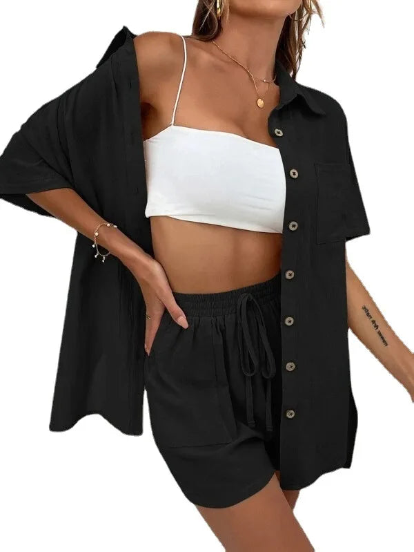 Solid Color Button Shirt w/ Pocket + Tie Shorts - Two-Piece Set