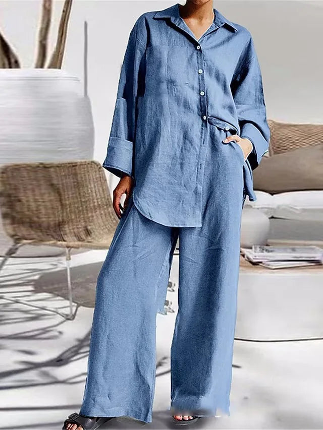 Casual Cotton Lapel Top Blouse + Wide-Leg Trouser Pant- Two-Piece Set