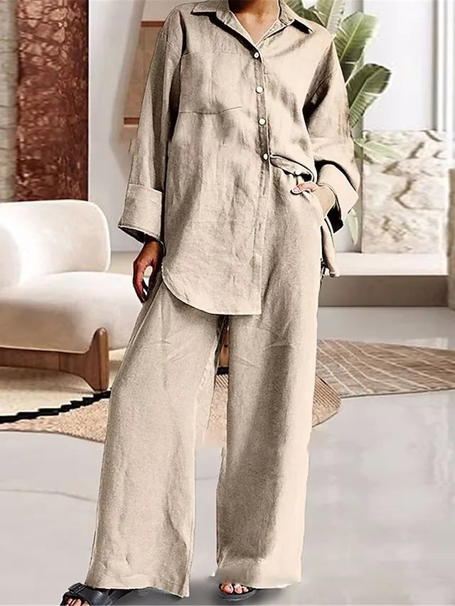 Casual Cotton Lapel Top Blouse + Wide-Leg Trouser Pant- Two-Piece Set