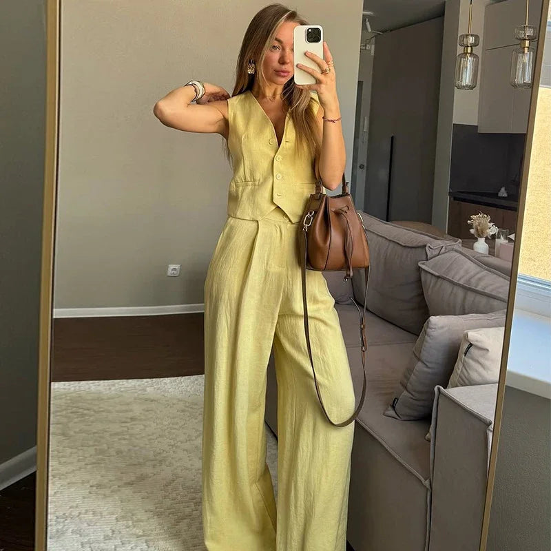 Yellow Sleeveless Button-Down Vest + Trouser Pant Suit - Two-Piece Set