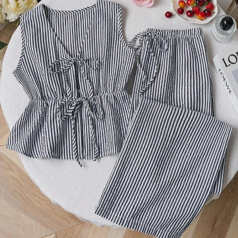 Striped Bow-Tie Top + Wide Leg Pant - Two-Piece Set