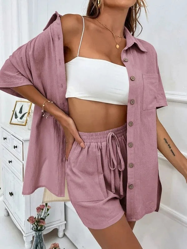 Solid Color Button Shirt w/ Pocket + Tie Shorts - Two-Piece Set