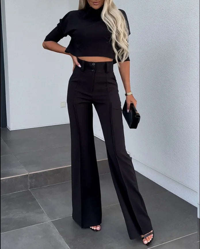 Women's High Neck Long Sleeve + Pocket Micro Horn Printed Pants - Two Piece Set
