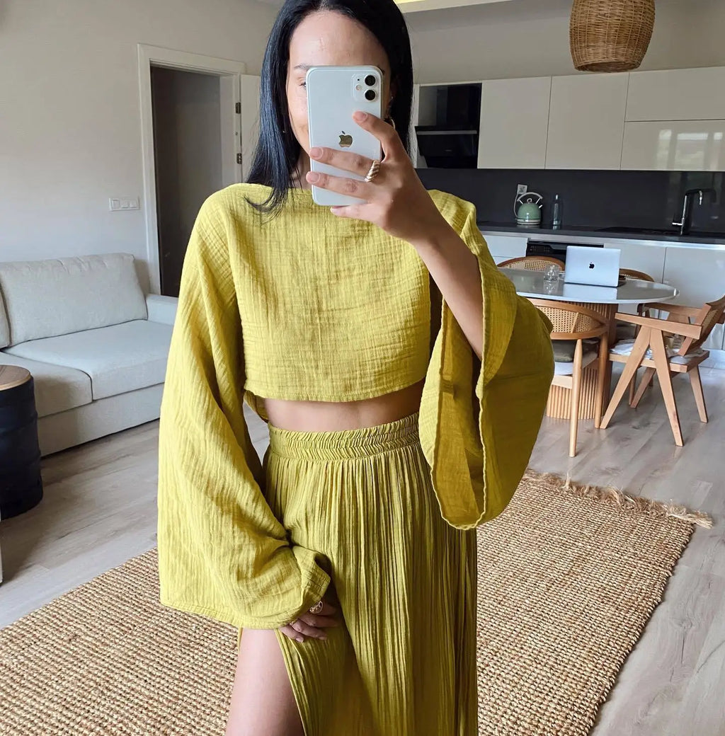 Casual Linen O Neck Cropped Top + Long Side Slit Skirt - Two-Piece Set