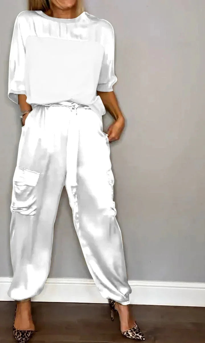 Satin Half Sleeves T-Shirt + Cargo Cuffed Pant - Two-Piece Set