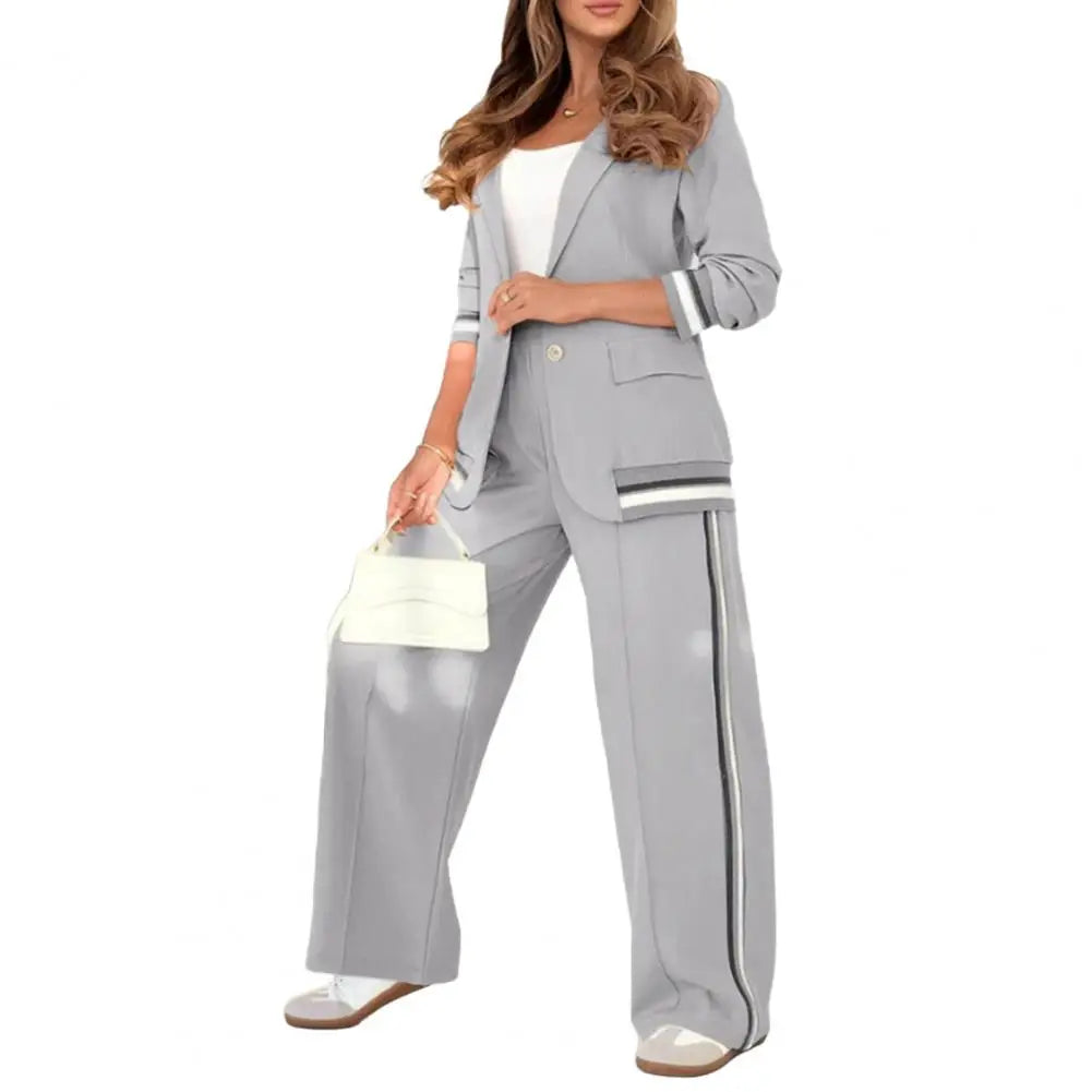 Casual Lapel Blazer Jacket + Wide-Leg Trousers