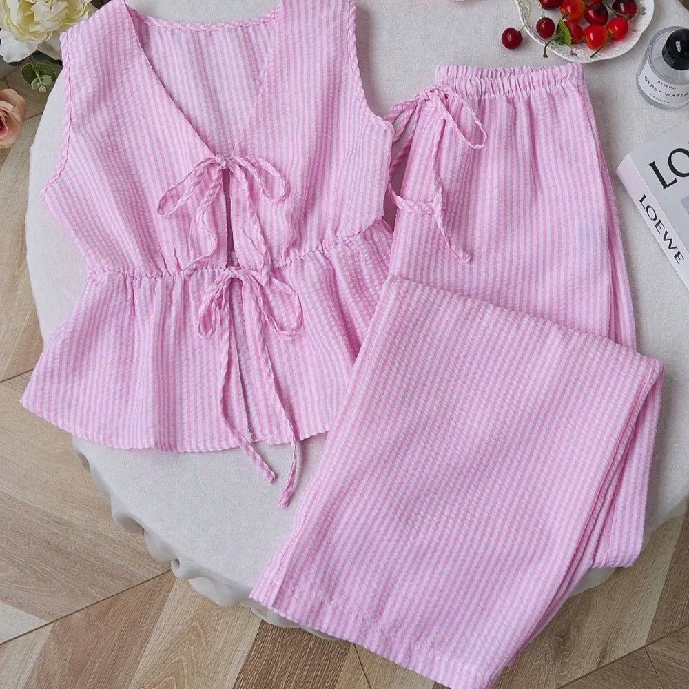 Striped Bow-Tie Top + Wide Leg Pant - Two-Piece Set