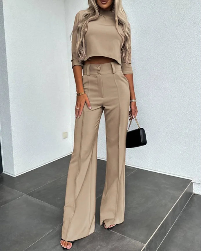 Women's High Neck Long Sleeve + Pocket Micro Horn Printed Pants - Two Piece Set