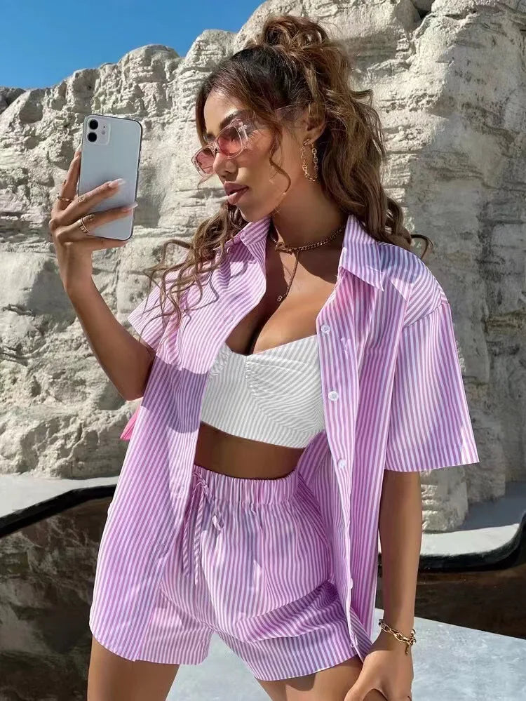 Striped Button Down + Short - Two-Piece Set