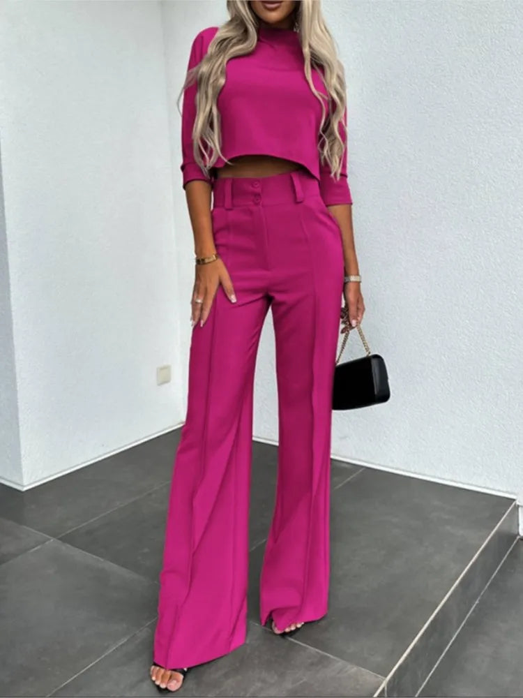 Women's High Neck Long Sleeve + Pocket Micro Horn Printed Pants - Two Piece Set