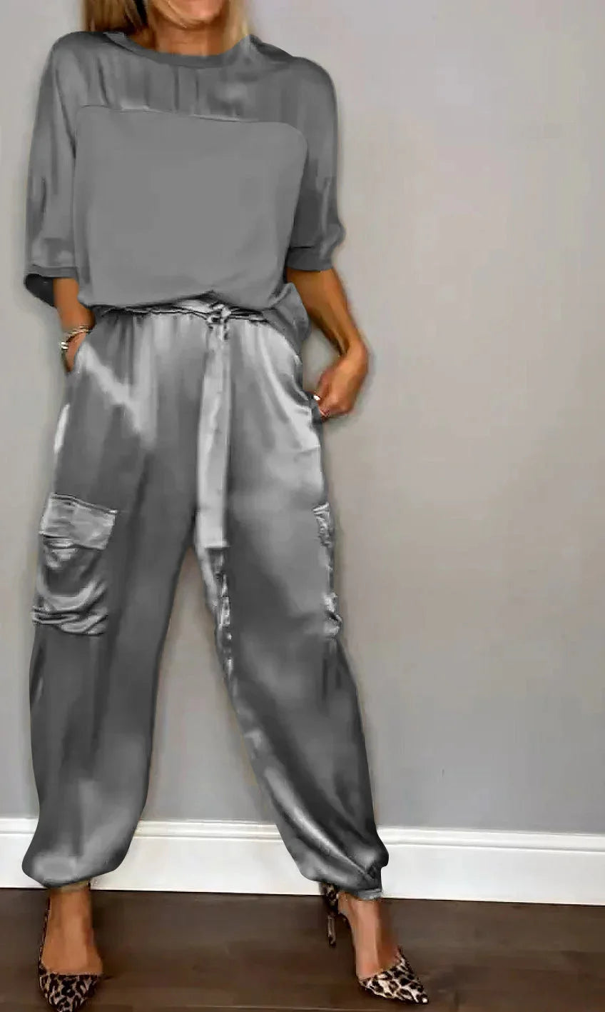 Satin Half Sleeves T-Shirt + Cargo Cuffed Pant - Two-Piece Set