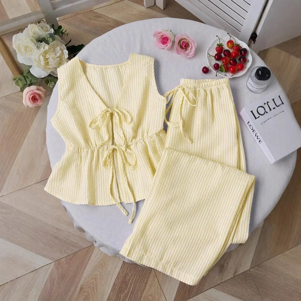 Striped Bow-Tie Top + Wide Leg Pant - Two-Piece Set