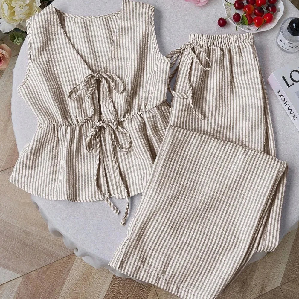 Striped Bow-Tie Top + Wide Leg Pant - Two-Piece Set