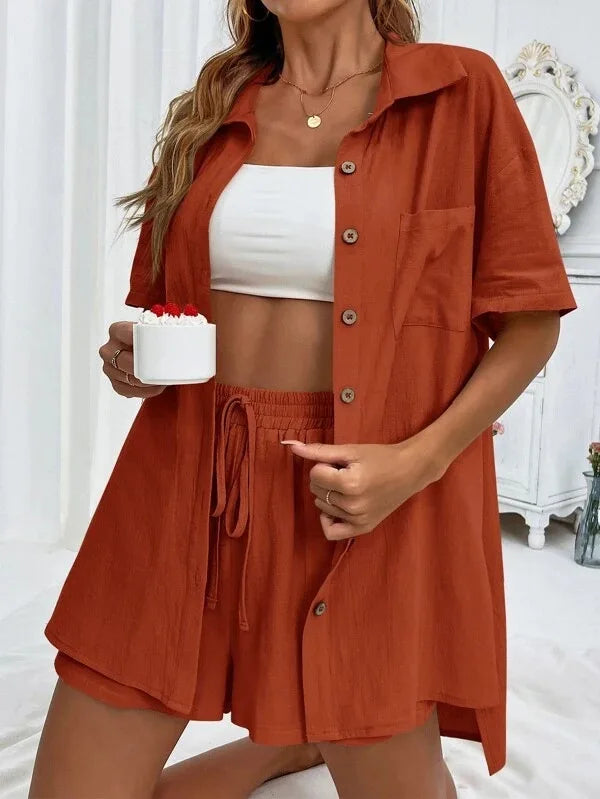 Solid Color Button Shirt w/ Pocket + Tie Shorts - Two-Piece Set