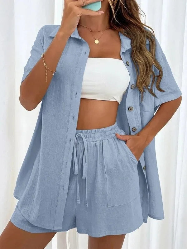Solid Color Button Shirt w/ Pocket + Tie Shorts - Two-Piece Set