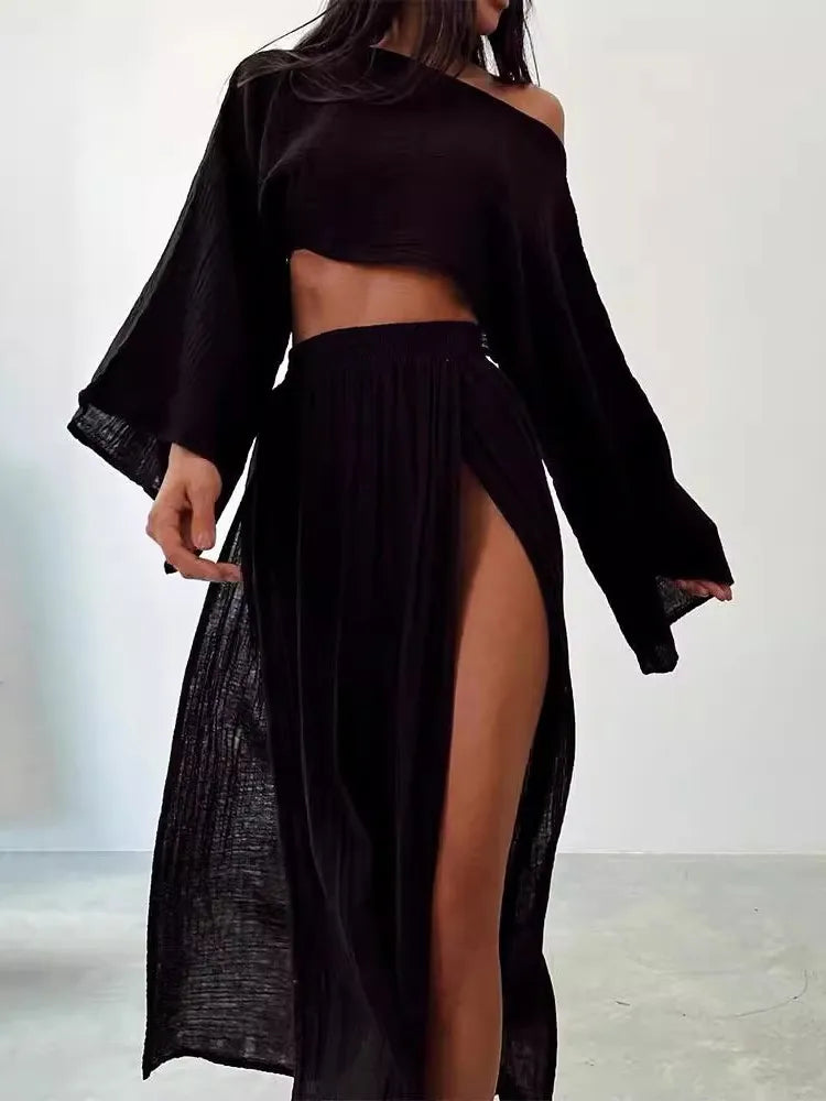 Casual Linen O Neck Cropped Top + Long Side Slit Skirt - Two-Piece Set