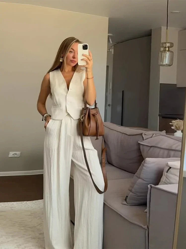 Yellow Sleeveless Button-Down Vest + Trouser Pant Suit - Two-Piece Set