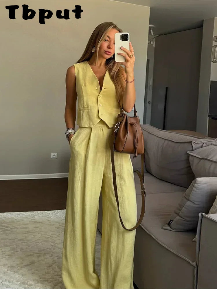 Yellow Sleeveless Button-Down Vest + Trouser Pant Suit - Two-Piece Set