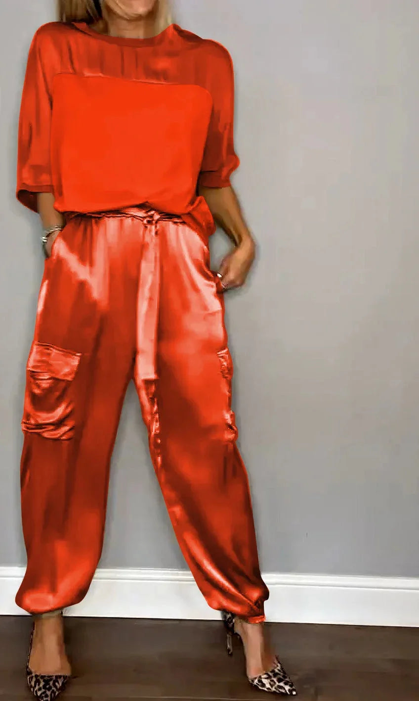 Satin Half Sleeves T-Shirt + Cargo Cuffed Pant - Two-Piece Set