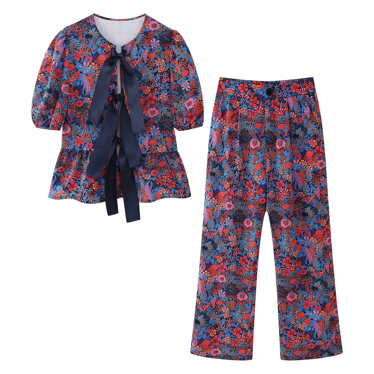 Floral Print Bow-Tie Blouse + Trouser Pant - Two-Piece Set