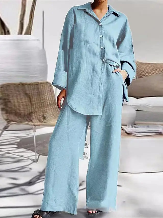 Casual Cotton Lapel Top Blouse + Wide-Leg Trouser Pant- Two-Piece Set