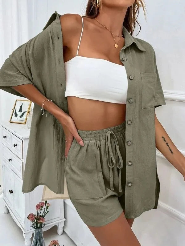 Solid Color Button Shirt w/ Pocket + Tie Shorts - Two-Piece Set