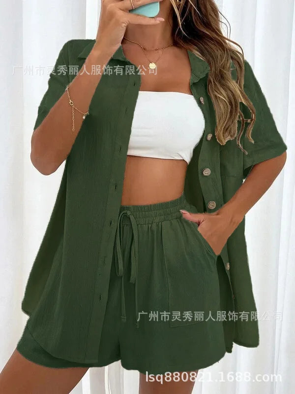 Solid Color Button Shirt w/ Pocket + Tie Shorts - Two-Piece Set