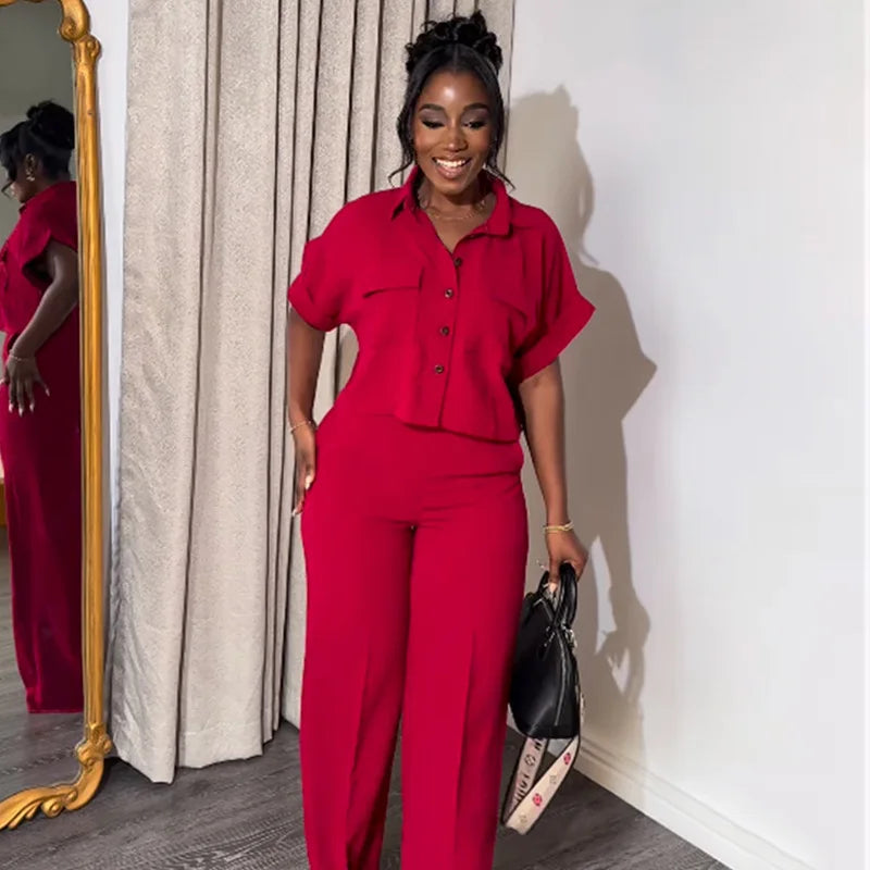 Casual Solid Short Sleeve Loose Shirt & Wide Leg Pants - Two-Piece Set