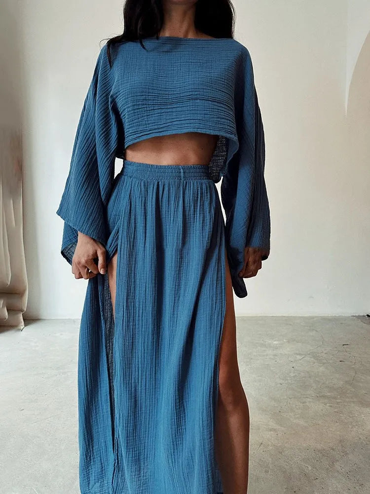 Casual Linen O Neck Cropped Top + Long Side Slit Skirt - Two-Piece Set