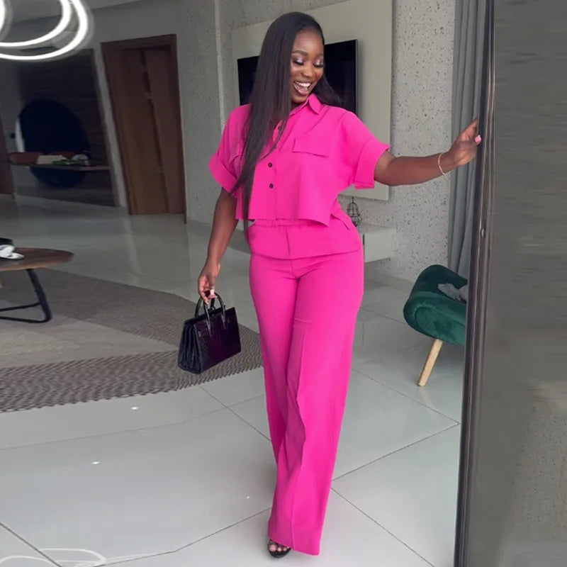 Casual Solid Short Sleeve Loose Shirt & Wide Leg Pants - Two-Piece Set