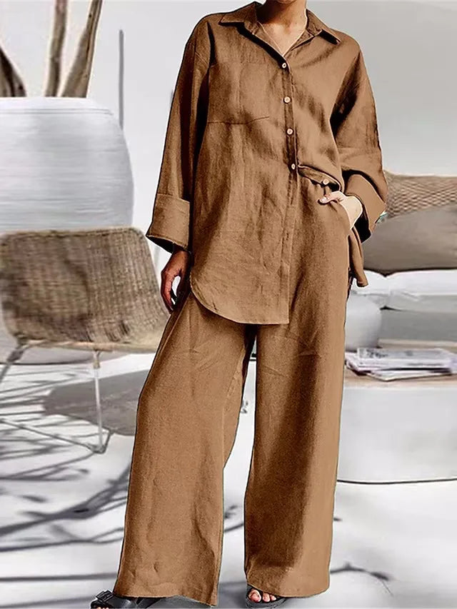 Casual Cotton Lapel Top Blouse + Wide-Leg Trouser Pant- Two-Piece Set