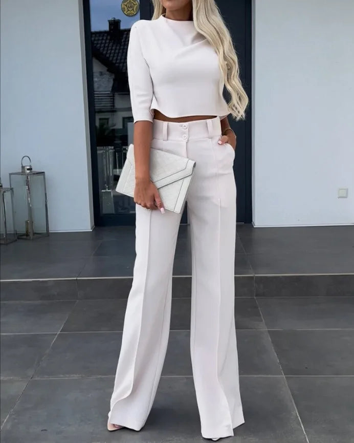 Women's High Neck Long Sleeve + Pocket Micro Horn Printed Pants - Two Piece Set