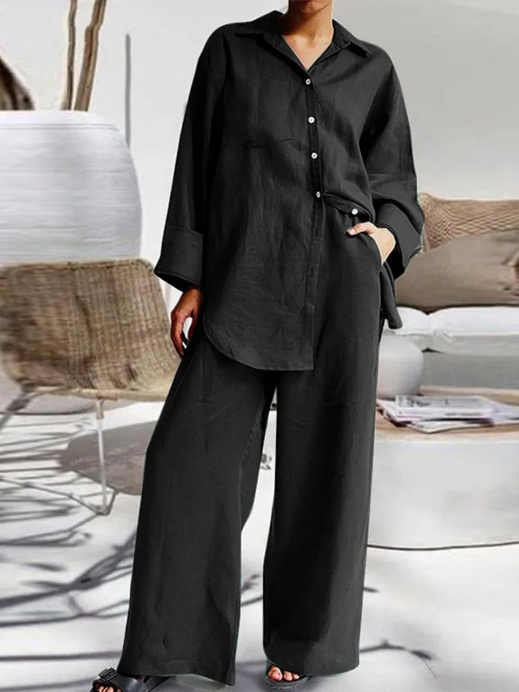 Casual Cotton Lapel Top Blouse + Wide-Leg Trouser Pant- Two-Piece Set
