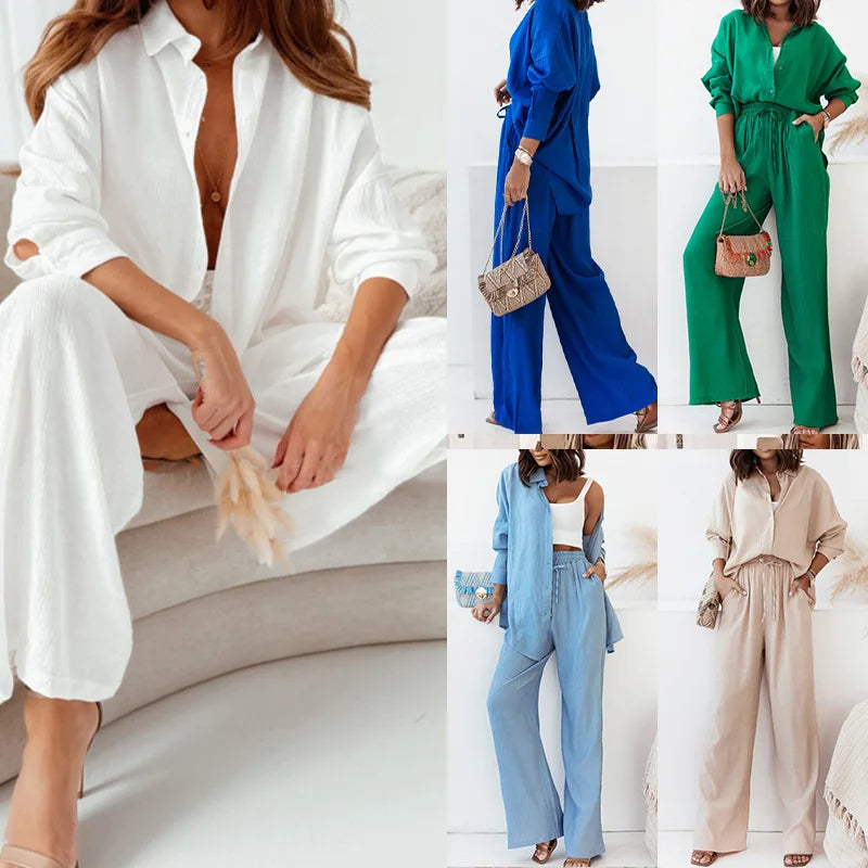 Solid Color Lapel Top + High Waist Trousers -Two-Piece Set