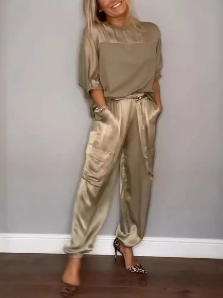 Satin Half Sleeves T-Shirt + Cargo Cuffed Pant - Two-Piece Set