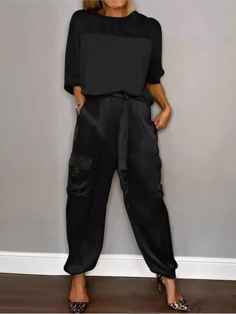Satin Half Sleeves T-Shirt + Cargo Cuffed Pant - Two-Piece Set